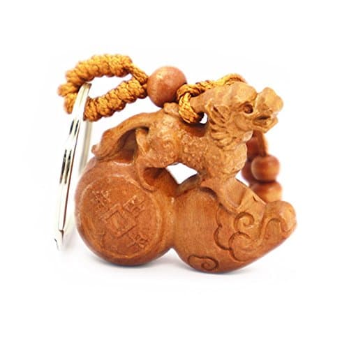 Feng Shui Pi Xiu Stand On Wu Lu Key Chain Wood Carved Keyring Charm Purse Backpack Pendant Amulet for Men and Women Sympole of Chance and Protection +Handmade Adjustable Luck Red String Bracelet