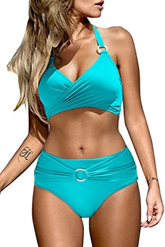 Women's Beach Halter High-Waist Crisscross Bikini Set (Sky Blue_Small)