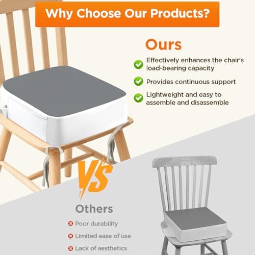 Booster Seat for Kitchen Chair, 3.8" Toddler Booster Seats for Dining Table with Ties, PU Dining Chair Pads with Side Pockets, Non-Slip & Removable Booster Seat for Table Increasing Cushion (Grey)
