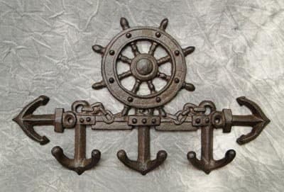 Ship Wheel and Anchor Key Rack 3 Hook Antique Finish Wall Decor
