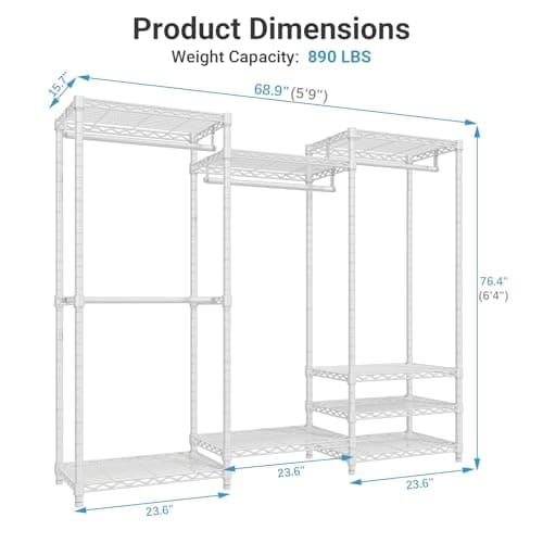 VIPEK V5 Portable Closet Wardrobe Heavy Duty Clothes Rack with 4 Hanging Rods & 8 Shelves Adjustable Custom Closet Rack 69"L x 15.7"W x 71"H Weight 800lbs, White