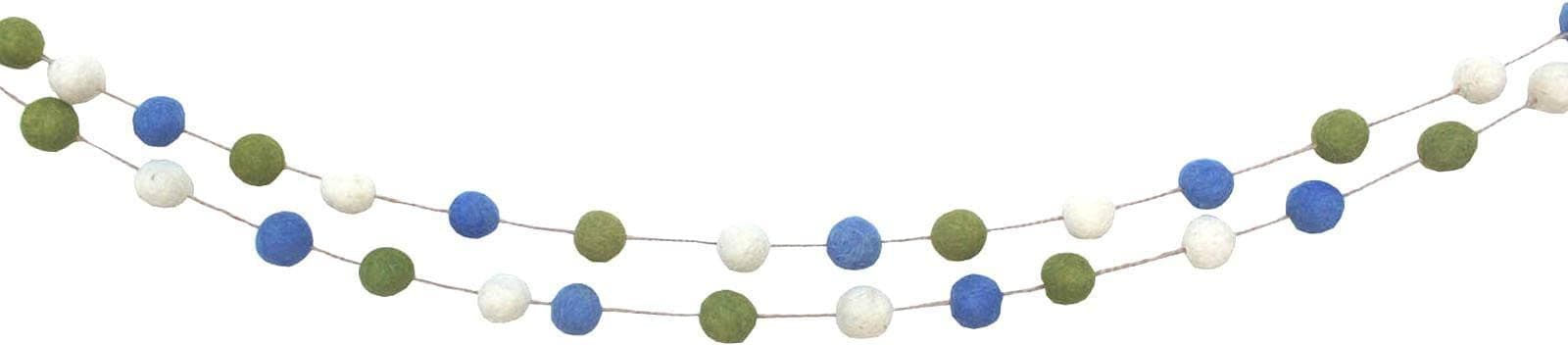 De Kulture Handmade Premium Wool Felt POM POM Garland Eco Friendly Christmas Tree Ornament, Home Office Wedding Party Holiday Decoration Banner | 48 Inches,Green Blue & Off White (Set of 2)