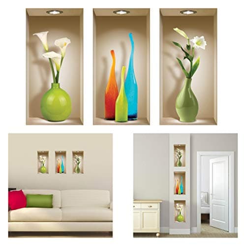 THE NISHA 3 PC Pack Art Magic Peel and Stick 3D Vinyl Removable Wall Sticker Decals DIY Sticky Backsplash, Colored Vases 131-2