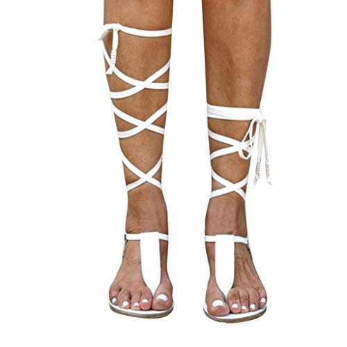Women Gladiator Sandals Flat,Summer Strappy Lace Up Open Toe Knee High Flat Sandal White