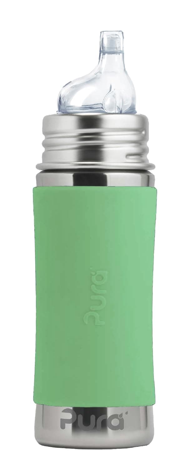 Pura Kiki 11oz/325ml Stainless Steel Sippy Cup Bottle w/Sleeve, Plastic-Free, MadeSafe Certified, Medical-Grade XL Silicone Sipper Spout Fast Flow for Kids, Toddlers, Babies & Infant - Moss