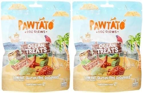 Pawtato Vegan Dog Chews Ocean Treats. Natural rawhide alternative vegan dog treats. Low fat, plant based, hypoallergenic, sweet potato, grain-free chews, Medium 140g (Pack of 2)