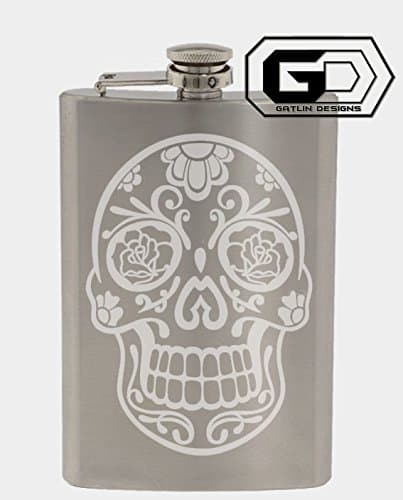 Floral Sugar Skull 8oz. Stainless Steel Flask With Custom Hand Made Etching Custom Gifts