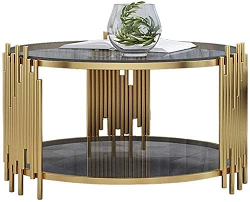 XINTONGDA Coffee Tables Storage Circle Double Tempered Glass Fashion Design Furniture Decor Side Table Round for Living Room Senior Clubs Golden Frame,70 * 50cm