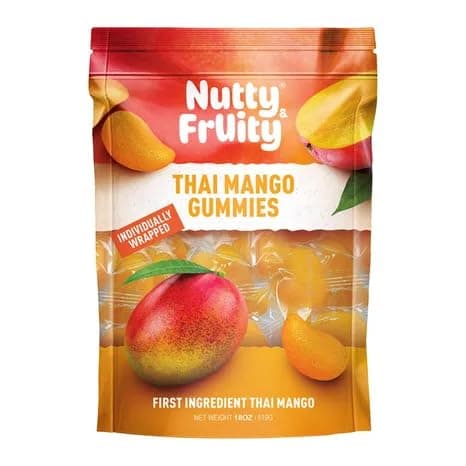 Nutty and Fruity Individually Packaged Thai Mango Gummies, 18 Oz Total, Gluten Free, Vegan, Made With Real Fruit!