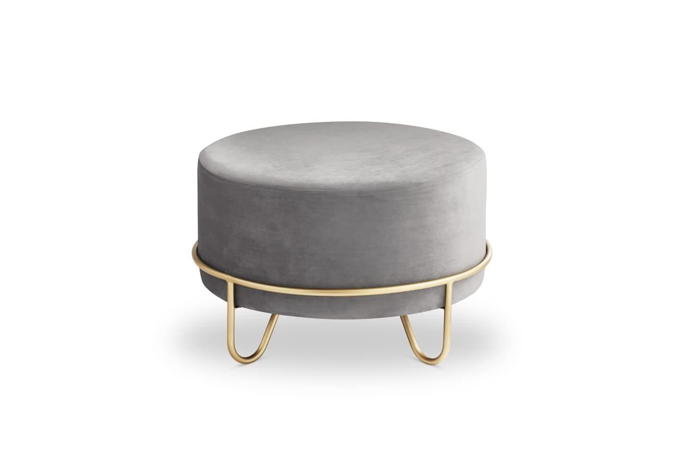 LIFA LIVING Round Pouffe Grey, Ottoman with Gold Metal Legs, Upholstered Footstool Pouf, Velvet Footrest Stool for Living Room and Bedroom, 100 kg Capacity, 55 x 35cm