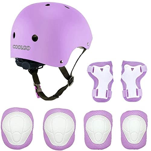 COOLGO Kids Skateboard Helmet Protective Gear Set,7 in 1 Adjustable Knee Elbow Pads Wrist Guards Toddler Protection Safety Scooter Skating Bike (Purple)