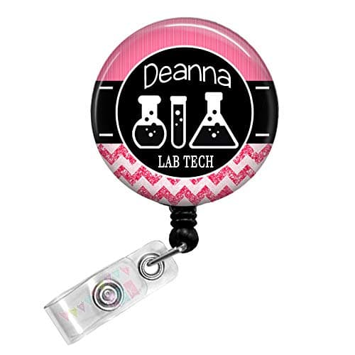 Personalized - Lab Tech with Beakers - Pink - Glitter Chevron - Button Badge Reel - BR0029
