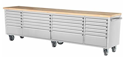 96" Stainless Steel Rolling Tool Cabinet w/ Wood Top Leather Bound