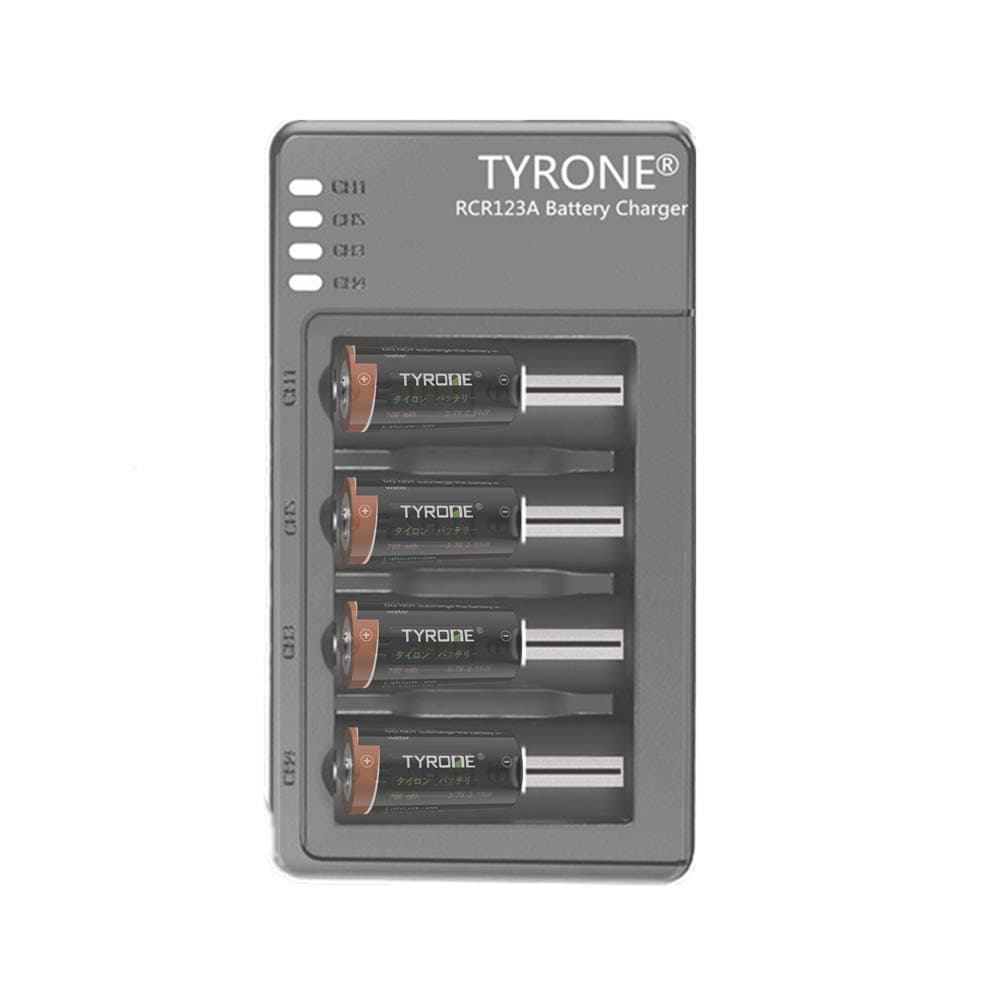 Tyrone RCR123A Rechargeable Battery for Arlo Cameras (VMC3030/VMK3200/VMS3330/3430/3530), 4-Pack High Capacity 700mAh 3.7V Li-ion Batteries and 4-Ports Fast Smart Charger
