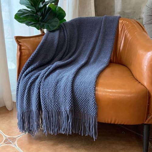 LOMAO Knitted Throw Blanket with Tassels Bubble Textured Lightweight Soft Throws for Couch Cover Home Decor (Navy, 50x60)