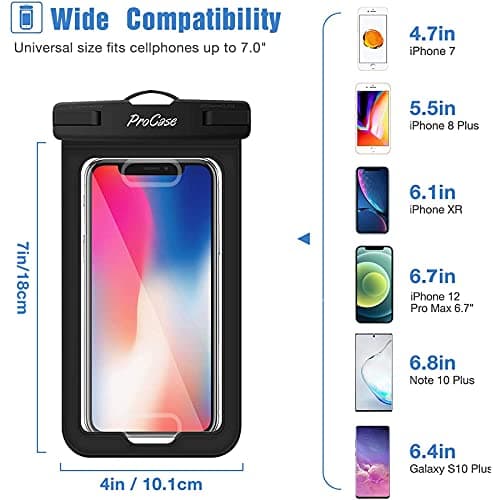 (2 Pack) ProCase Waterproof Phone Pouch Case with Touch ID up to 7", Cellphone Dry Bag for iPhone 13 Pro Max 13 Mini, 12 11 Pro Max Mini Xs Max XR X 8 7 Plus SE with Fingerprint Recognition -Black