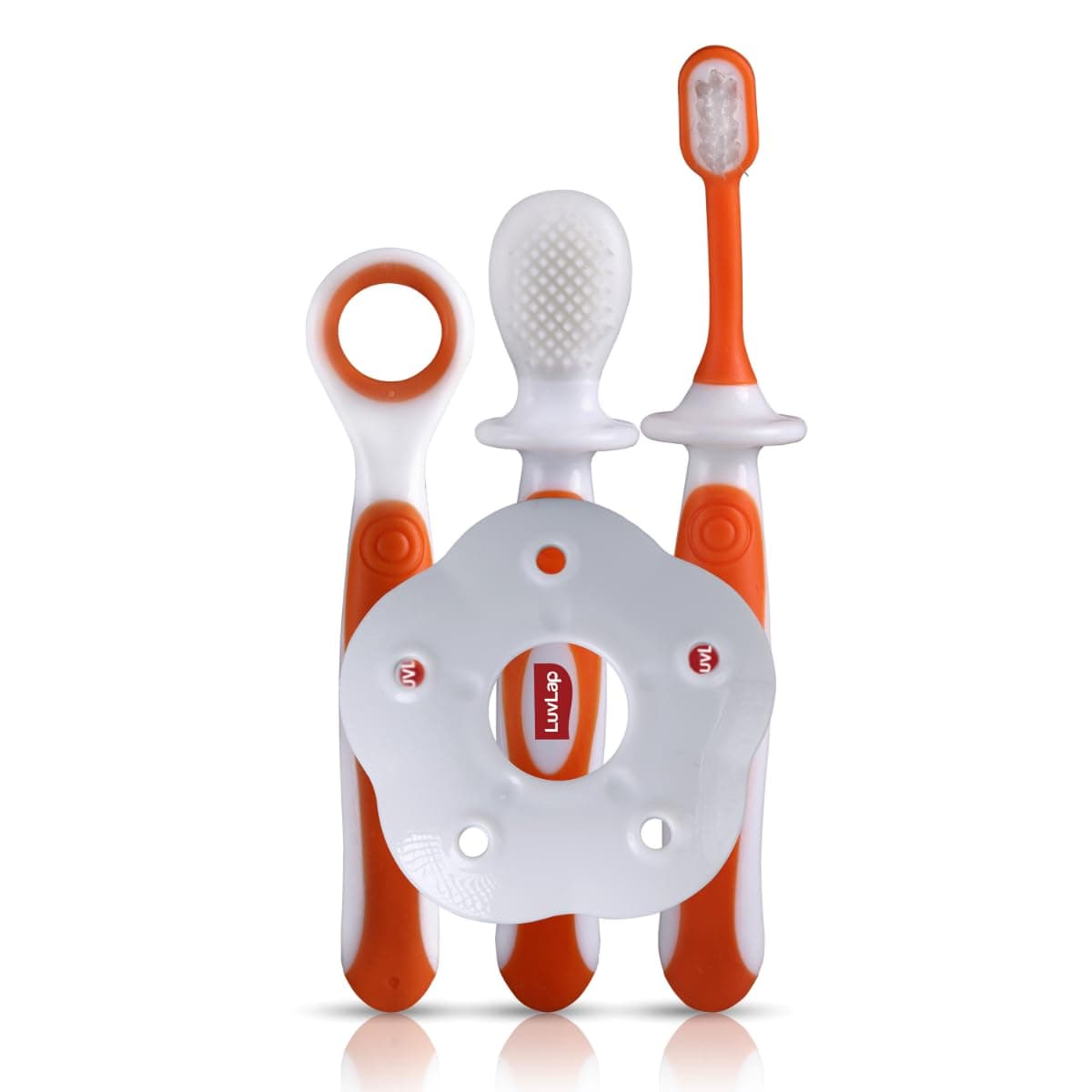 LuvLap Baby Training Manual Toothbrush Set with Anti Choking Shield, Teeth Tongue Cleaner, Baby Oral Hygiene, 3 Pcs, (White/Orange).