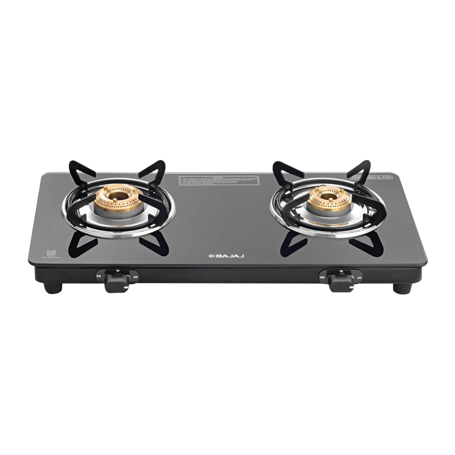 Bajaj UCX 2 Open Burner Slim Glass Top Gas Stove | Slim Frame Glass Cooktop | 2-Brass Open Burners | 360 Degree Swivel Nozzle | Stainless Steel Drip Tray ?Black?