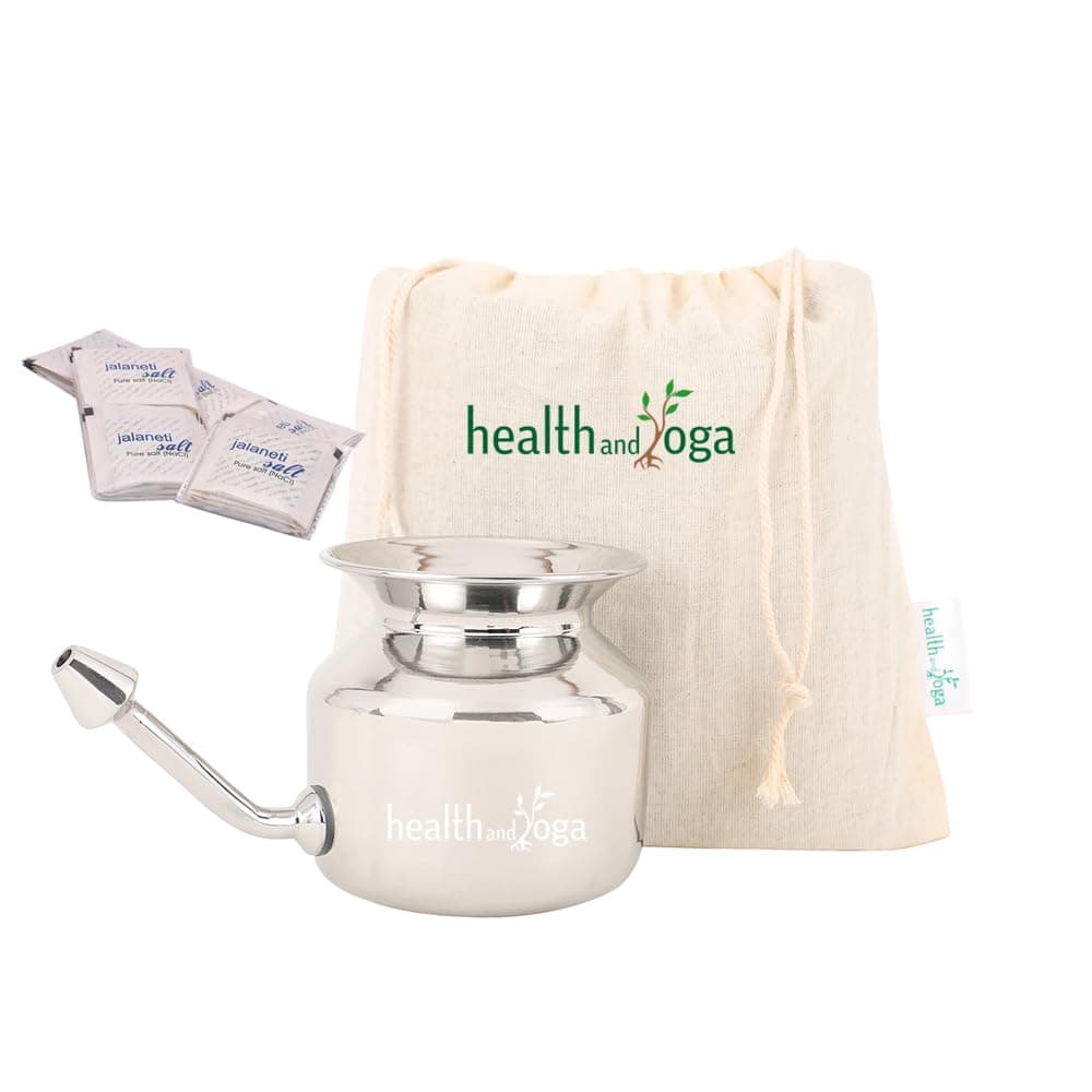 HealthAndYoga™ SteloKleen Superior Neti Pot Learner Improver Kit - Unbreakable Stainless Steel Pot - Smooth Leak Plug Nose Tip - Pure Salt 25 Pieces