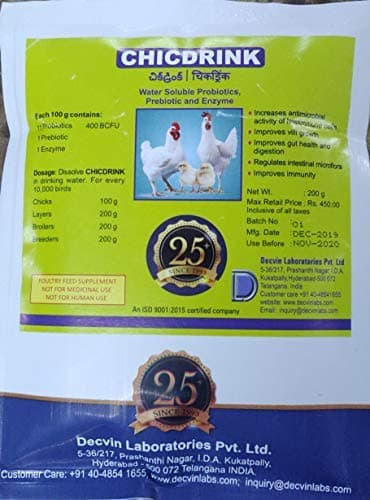 DECVIN CHICKDRINK- Poultry and Bird Vitamin Supplements, Water Soluble Probiotics, Prebiotic and Enzyme, Poultry Feed Supplement for Chick Gut Health (200g, CHICKDRINK)