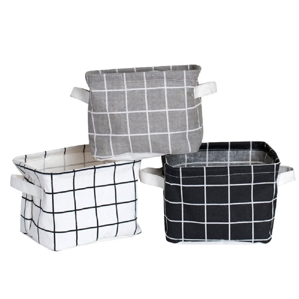 FocuH Stylish Storage Basket Cotton and Linen Fabric Mini Storage Cubes Nursery Storage Baskets with Handles for Shelves & Desks (Set of 3)