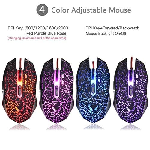 MFTEK 2000 dpi LED Backlit USB Wired Unbreakable ABS Body Gaming Mouse (Black)