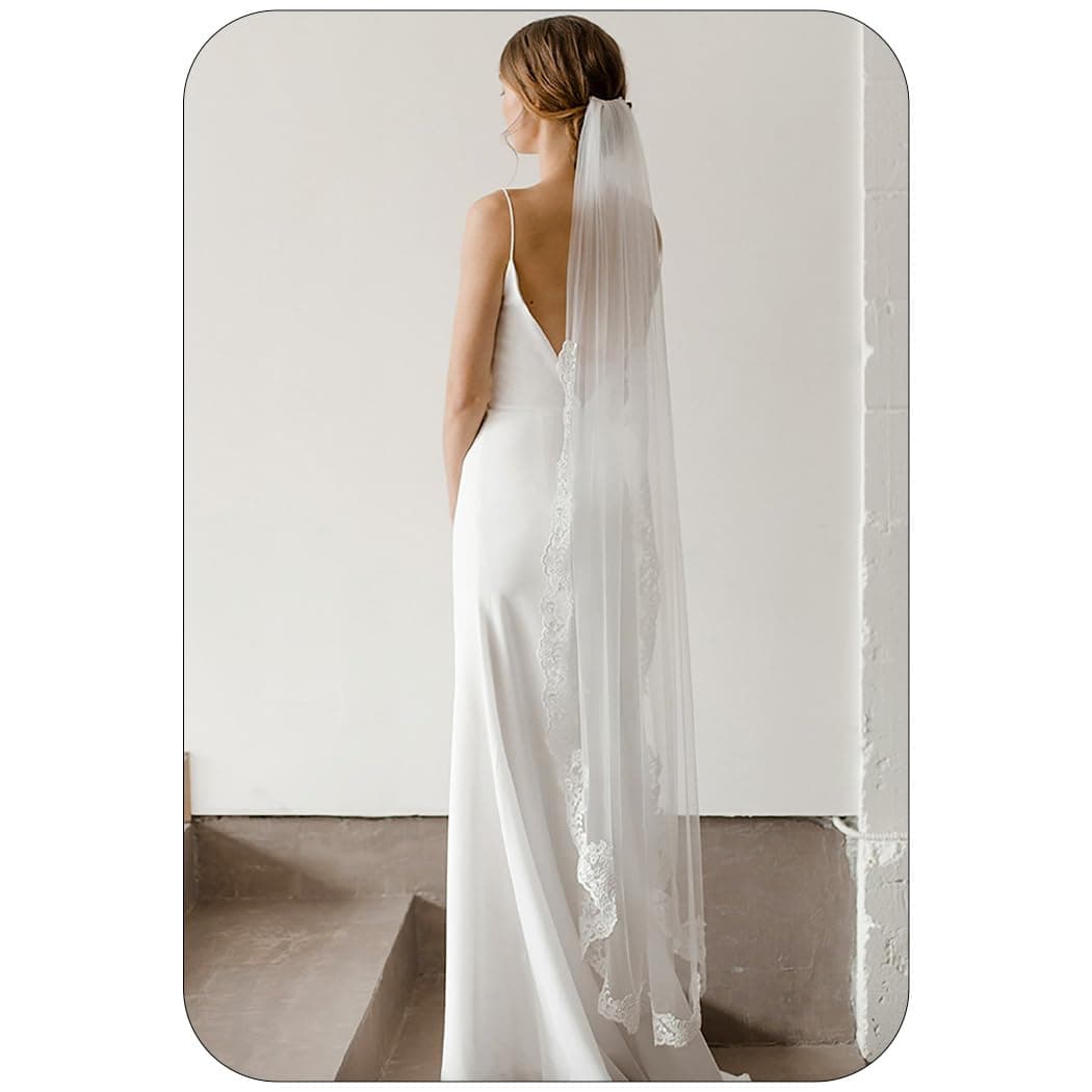 Lace Wedding Veils White 1 Tier Floral Bridal Veil Long Tulle Veils with Comb for Brides and Women (White)