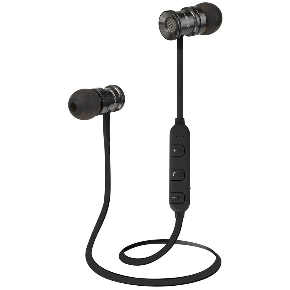 Groov-e Boom Buds Wireless Bluetooth In-Earphones for Gym Sports with Built-In-Mic, Hands-Free Calls, Volume Controls, Rechargeable Battery for iPhone, Samsung and All Tablets/Laptops - Black/Silver