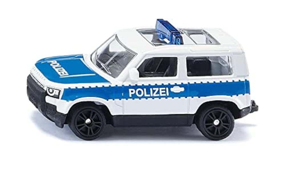 siku 1569, German Federal Police Land Rover Defender, Toy Police Car, Metal,Plastic, Silver,Blue, Rubberised Tyres, Sports Tyres, Blue Light Bar, Trailer Coupling