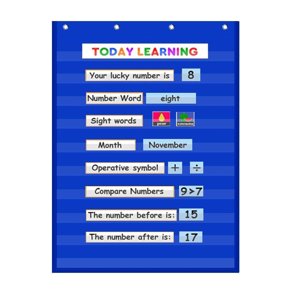 Vnom Standard Pocket Chart Clear 10 Pockets For Classroom & Home Heavy Duty Hanging Word Wall/Letter Cards/Sentence Strips,28X43 Inch（Blue)