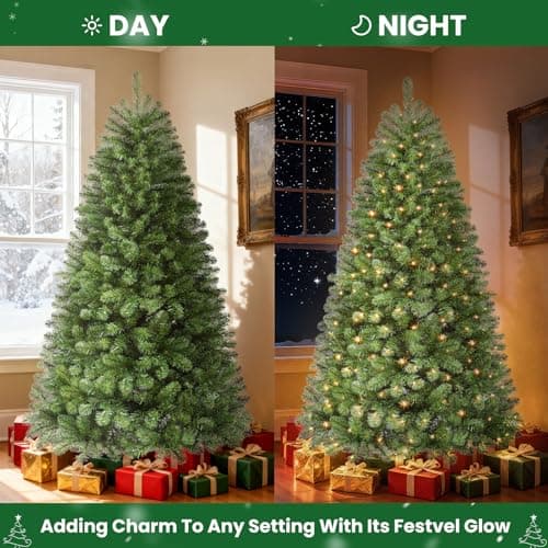 SHareconn 7ft Christmas Tree, 1046 Branches Tips, 320 Warm White and Foldable Metal Stand, Christmas Decorations for Home, Green