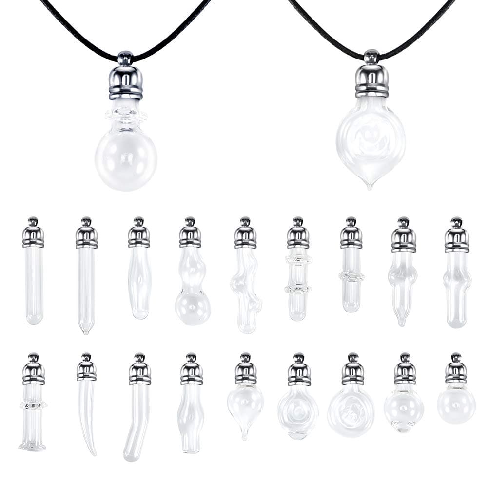 Demine Glass Essential Oil Pendant Bottle Set, 21 Pieces DIY Decoration Mini Glass Pendant Bottles for Essential Oil Vial Necklace Jewelry Decor