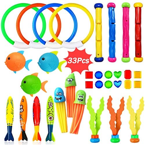 Gaekce Underwater Swim Pool Diving Toys - 33 Pcs Summer Swimming Diving Toy Sets - Diving Rings,Sticks,Octopus,Torpedo Bandits,Fish for Kids