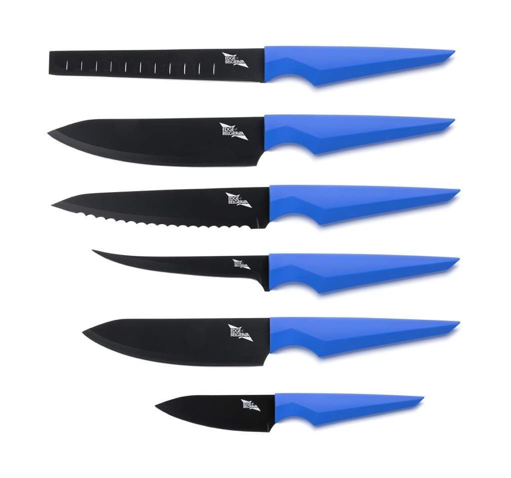 Edge of Belgravia Precision Extended Kitchen Knives 6 Piece Set Non-Stick Stainless Steel Blades (Blue)