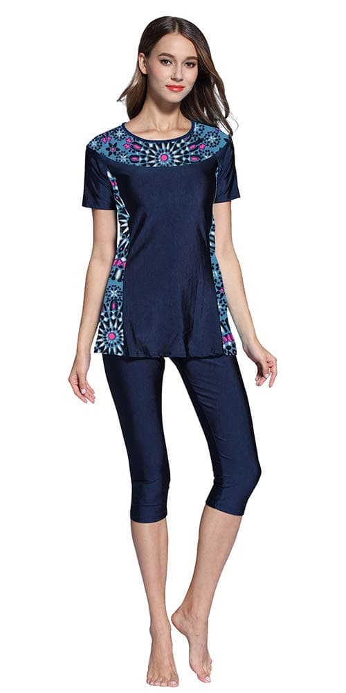 Womens' Color Block Moderate Cover 2 Piece Swimsuit Burkini