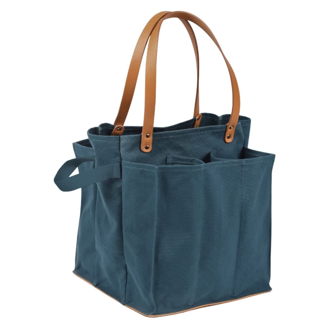 CapaBunga Farmer's Market Tote Shopping Bags with Handles - 7 Pocket Large Utility Tote Bag - Heavy Duty Canvas Utility Bag with Vegan Leather Base - Reusable Tote Bag - Petrol Blue Grocery Bag