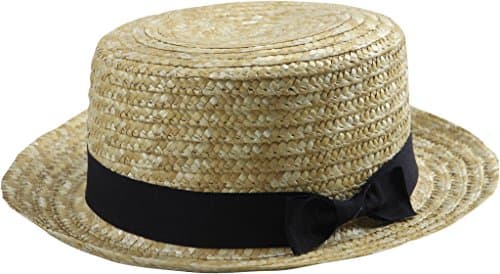Natural Straw Boater Hat with Black Bowtie Accent (Wheat)