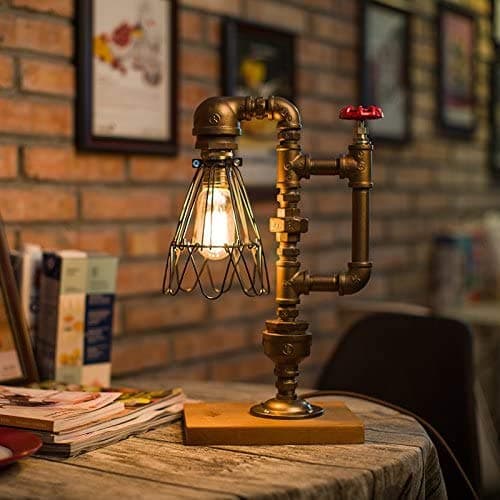 Pipe Desk Lamp,Vintage Kettle Style Table Light Industrial Iron Pipe Desk Table Lamp Night Light (Square Base)
