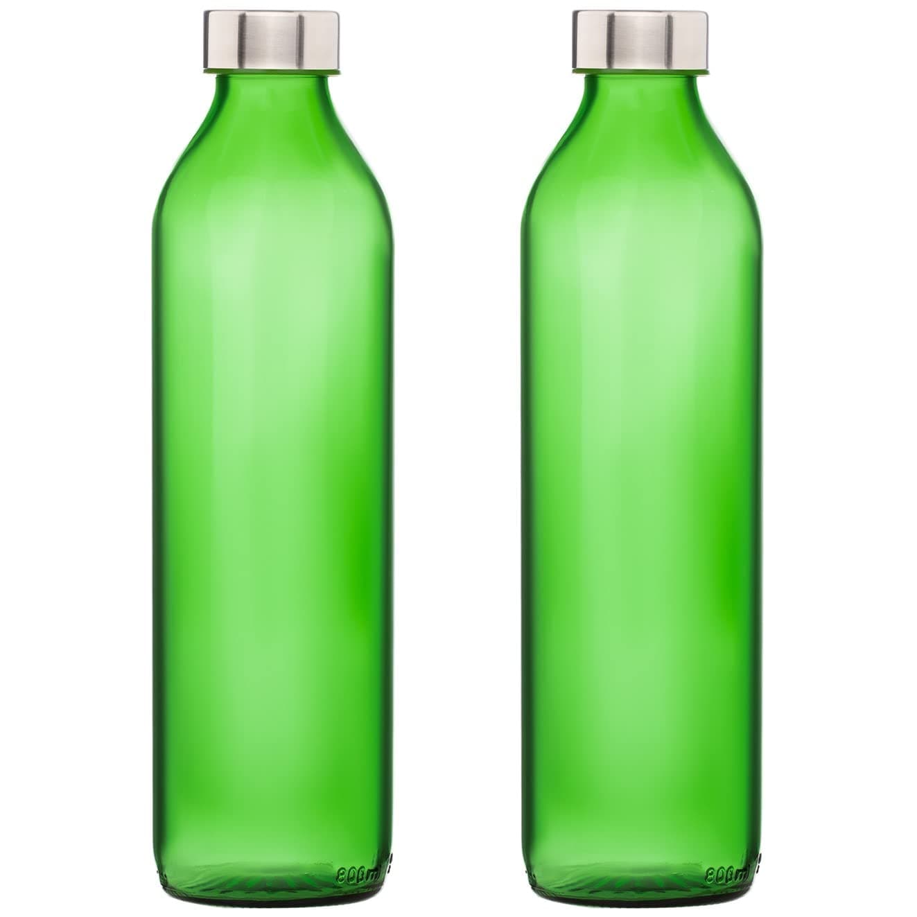 SAND DUNE Set of 2, 800 ml Each Green Glass water bottle, with Leak-Proof Airtight Stainless-Steel Lid for Water, Smoothie, Juices - Reusable Travel Glass Drinking Fridge Bottles
