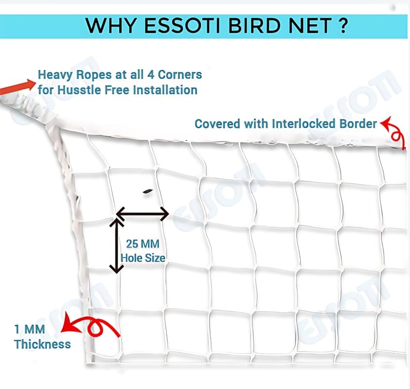 Essoti UV Stabilized Anti Bird Net Pigeon Net (15 X 12ft)-25mm Hole Size with Attached Corner Ropes & Installation Kit/Size- (15 X 12 FT), White