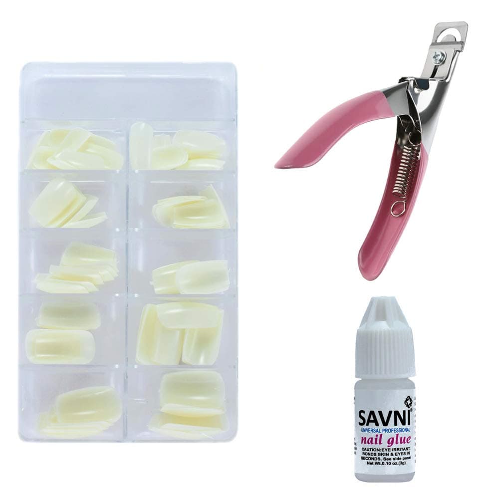 SAVNI combo of 100 pieces White acrylic nail extensions, Nail art glue and Acrylic nails edge cutter