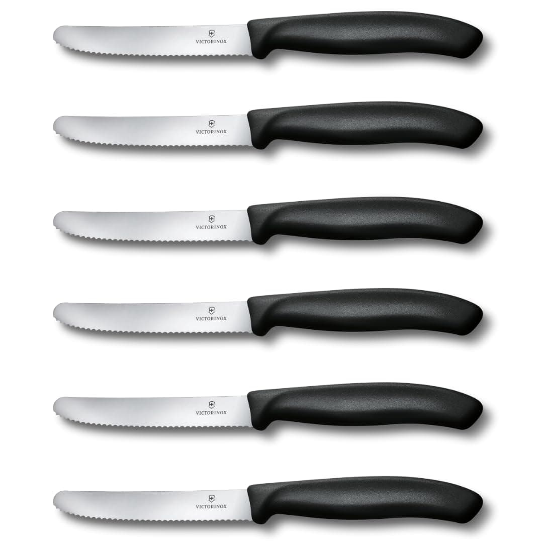 Victorinox Swiss Classic Tomato Knife, Set of 6, Sharp Blade, Wavy Edge, 11 cm, Stainless Steel, Black