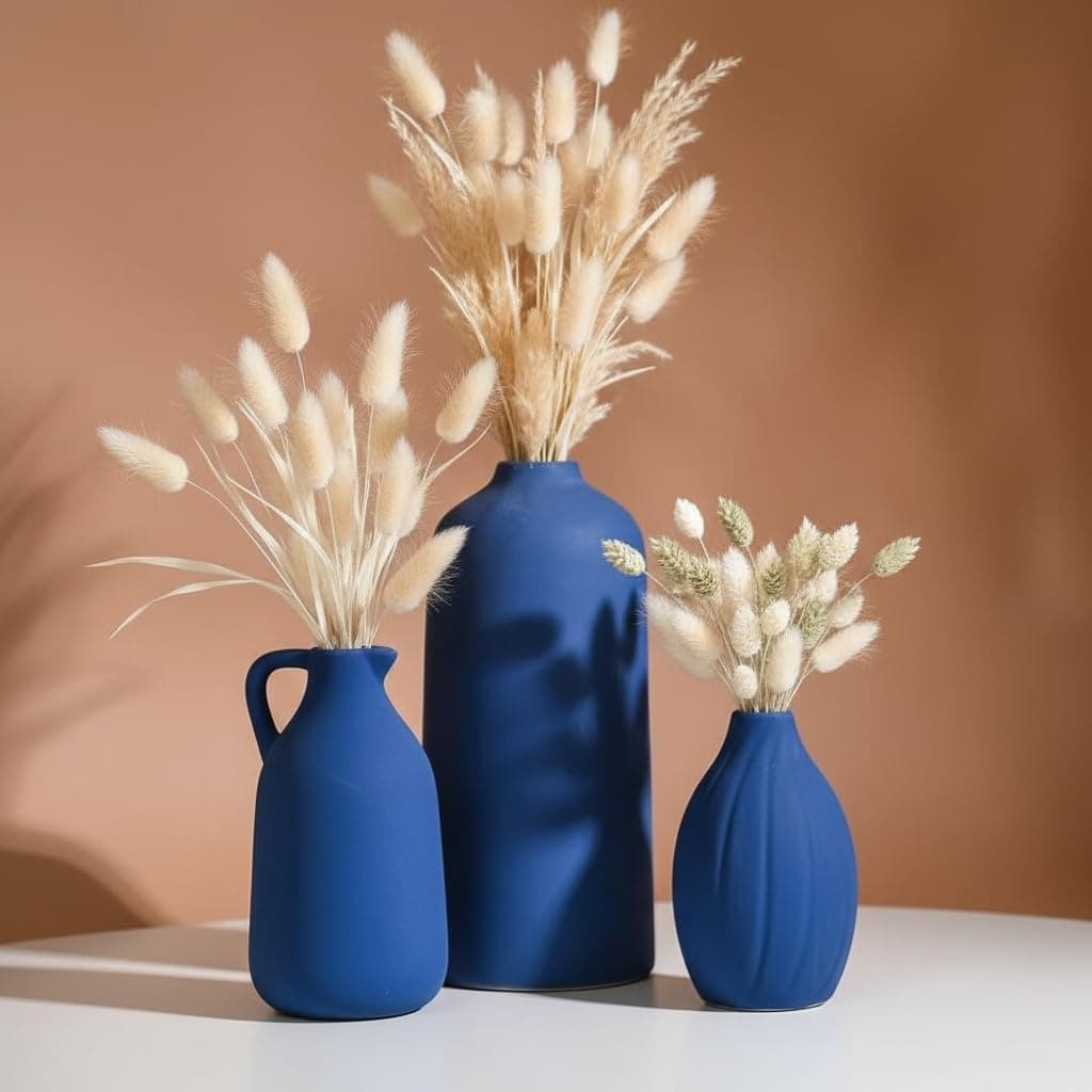 Purezento Tiara Blue Ceramic Vase - Set of 3 | Vase for Elegant Home Decor, Living Room, Bedroom & Office Decoration | Decorative Vases for Pampas Grass, Fresh, Dried, and Artificial Flowers