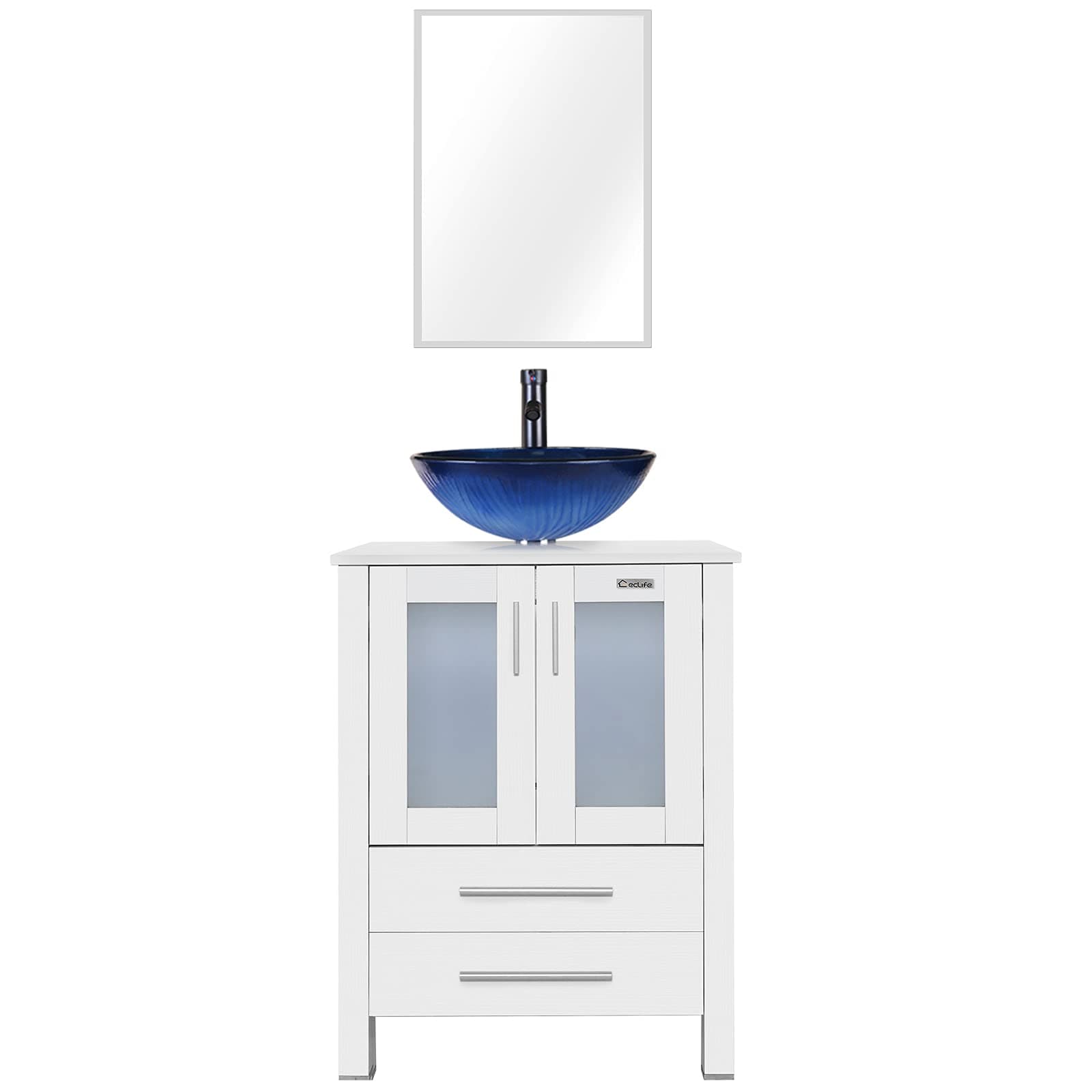 eclife 24" Bathroom Vanity Sink Combo White Cabinet Ocean Blue Round Tempered Glass Vessel Sink & 1.5 GPM Water Save ORB Faucet Solid Brass Pop Up Drain,with Mirror (Blue Round Sink A11B02W)