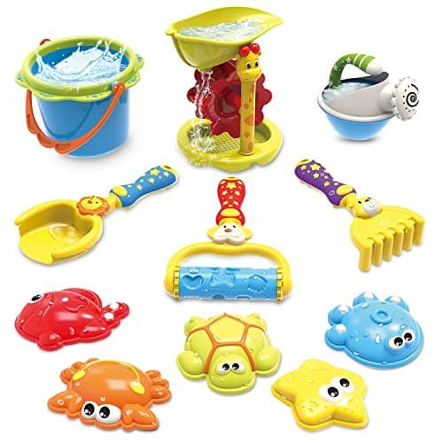 GrowthPic Sandcastle Building Kit, Outdoor Toy Sand Snow Beach Playset, 11 pcs Animal Molds for Kids with Water Wheel, Bucket, Shovel, Rake, Rolling Rake, Winter Outdoor Play Set for Toddlers