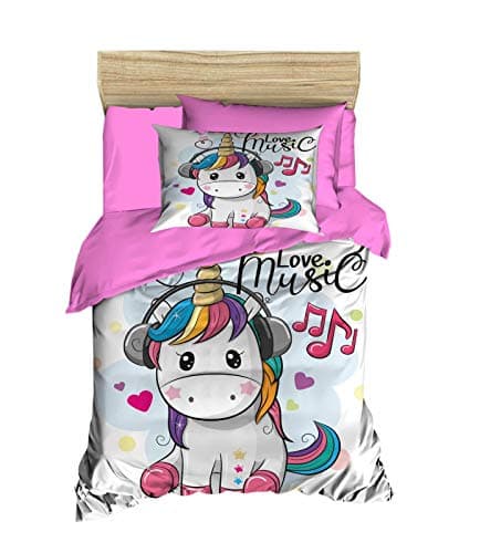 OZINCI 3D Unicorn Bedding Set, Love Music Unicorn Themed Quilt/Duvet Cover Set, Girls Bed Set, Single/Twin Size, Comforter Included (5 Pieces)