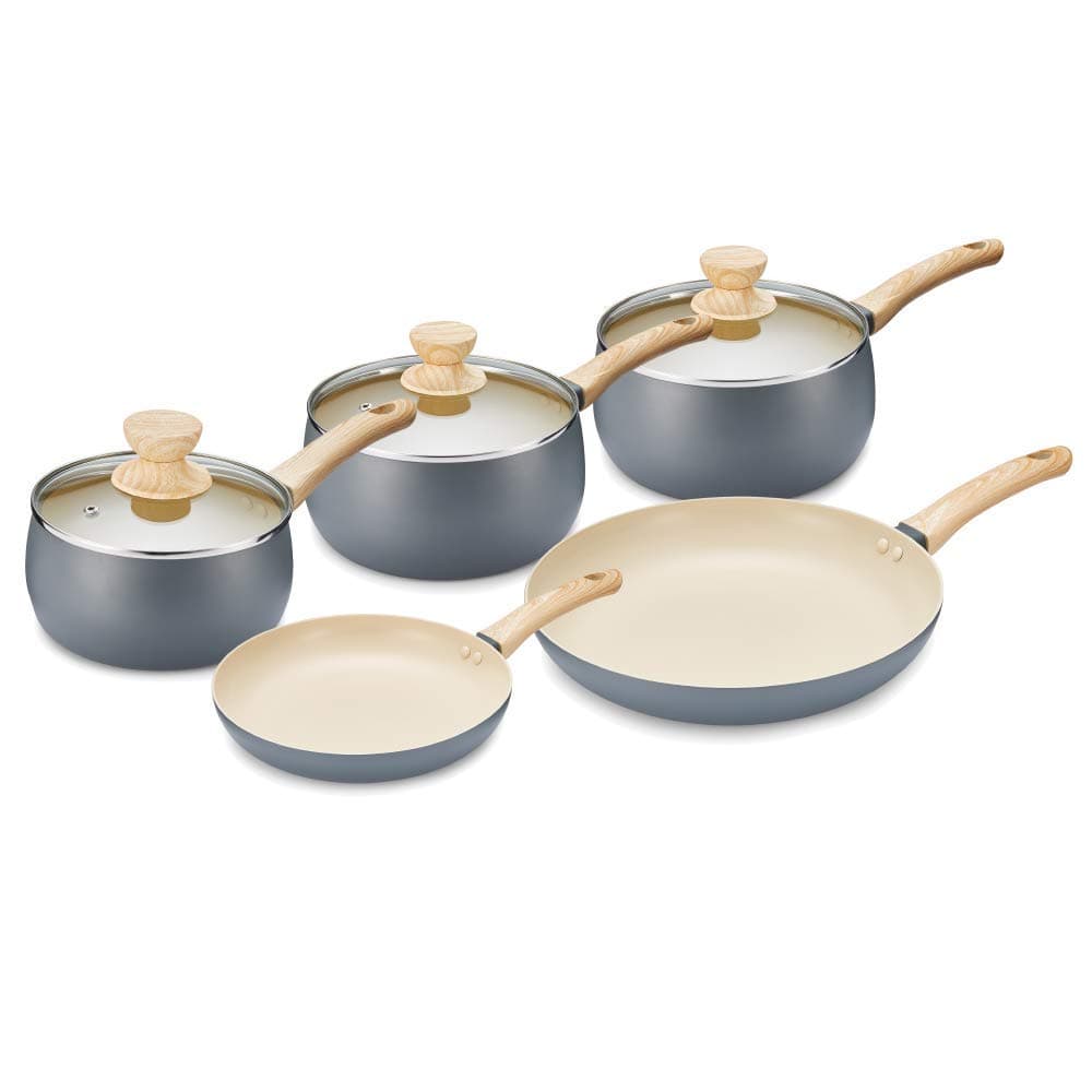 Tower T800072G Scandi Induction Pots and Pans Set, Non Stick, Soft Touch Wood Effect Handles, Grey, 5 Piece, 16/18/20 cm Saucepans, 24/28 cm Fry Pans