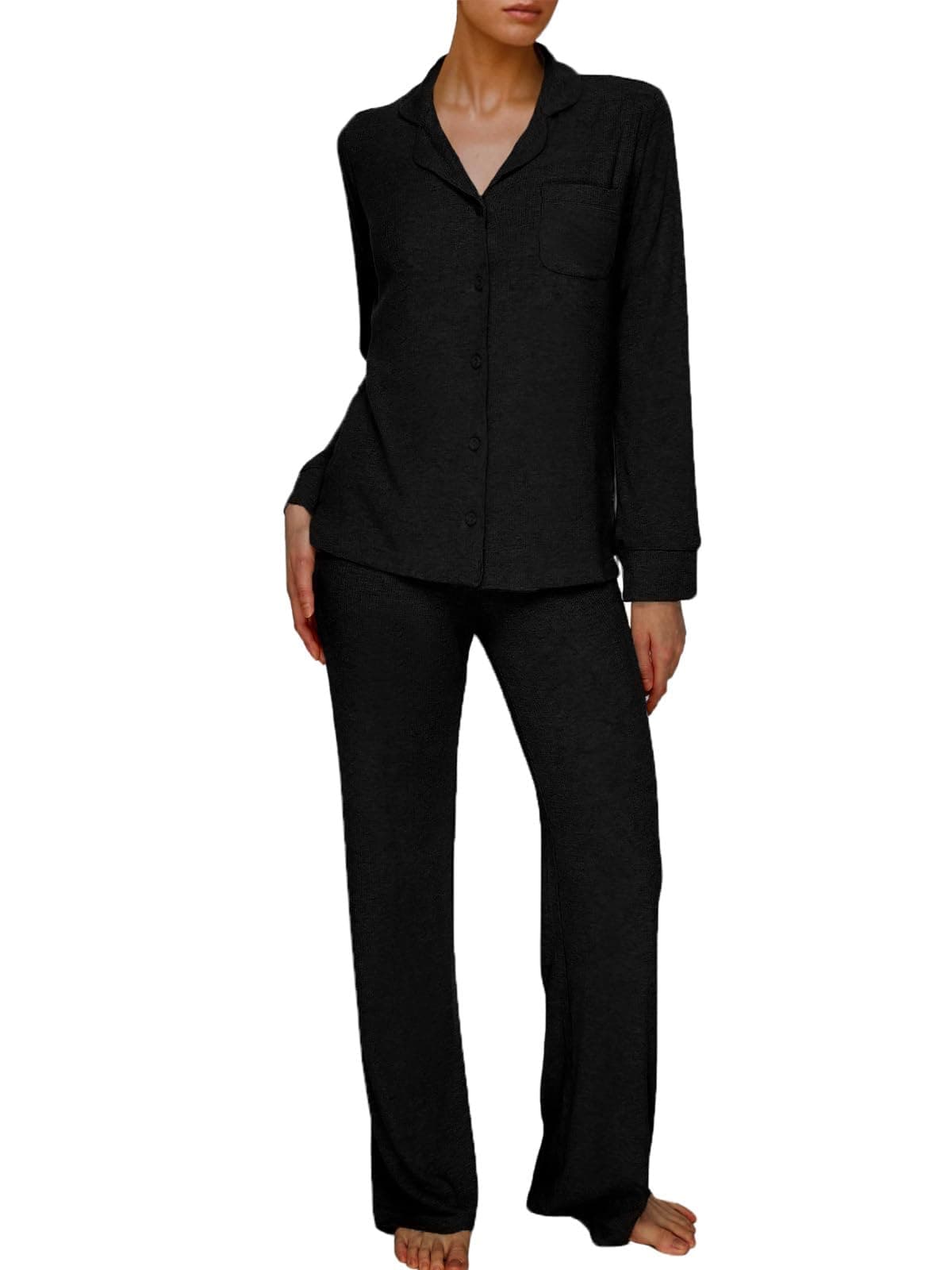 AnotherChill Women's Pajamas Set Long Sleeve Button Down Ribbed Knit 2 Piece Sleep Sets Loungewear Soft Pjs