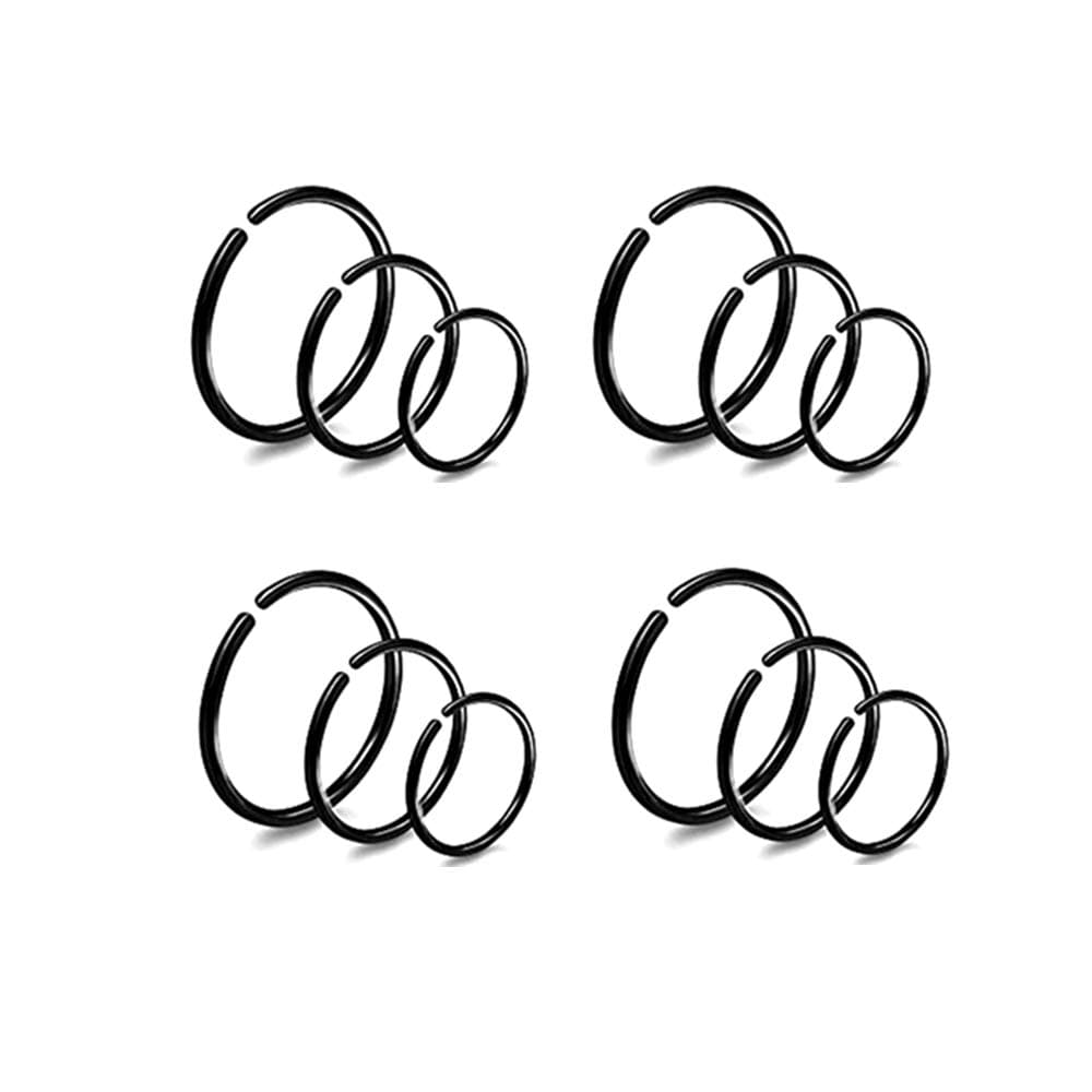 TBNO.1 12pc 20G 0.8mm 316L Stainless Steel Nose Ring Hoop Cartilage Hoop Septum Piercing 6-10mm (Black: 12pc (6/8/10mm Each 4pc))