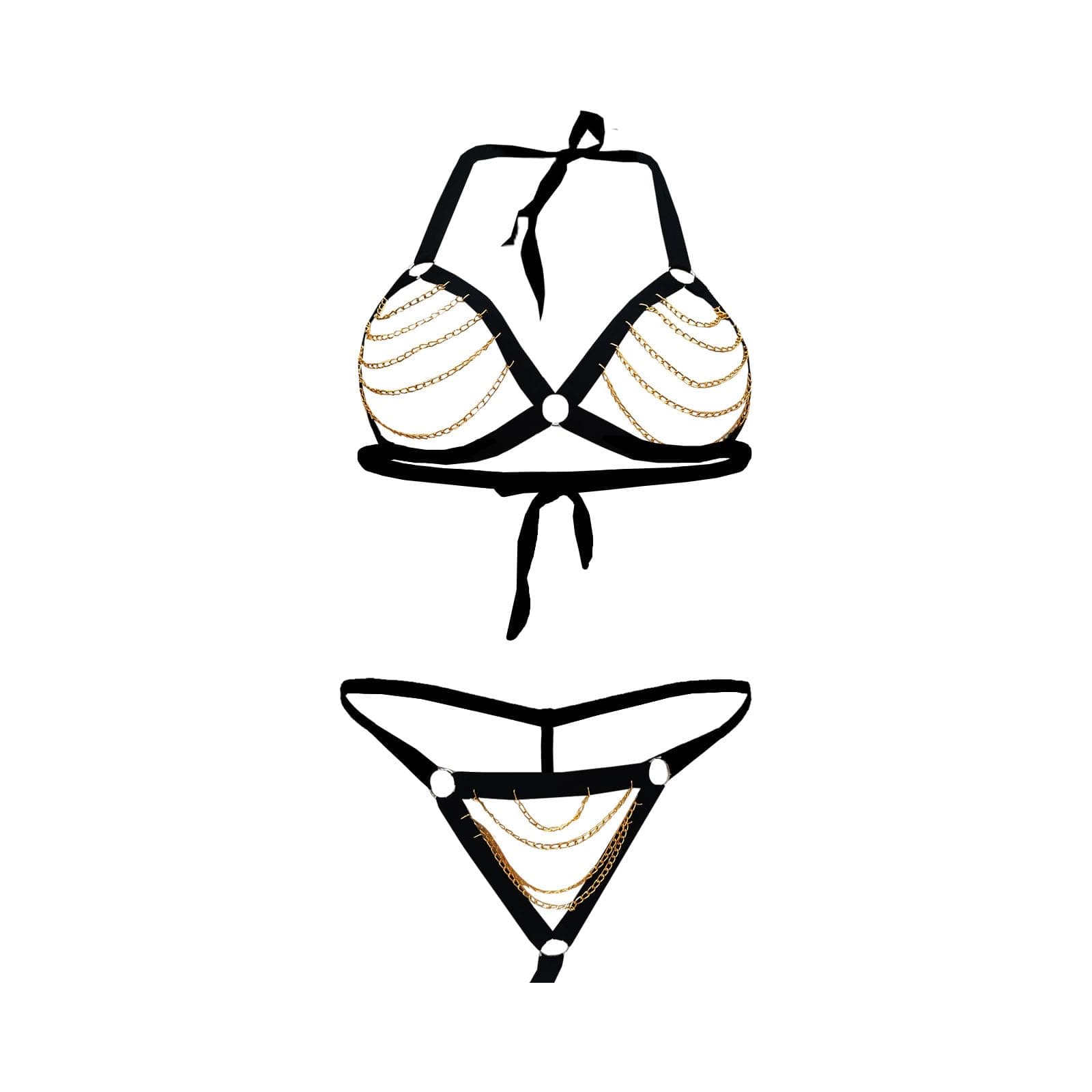 Women Polyester Black Regular Bikini Lace Bra And Panty Set With Golden Chain, Free Size